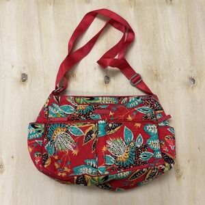 Vera Bradley Crossbody Bag Womens Large Red Floral Quilted Cotton Zip Purse